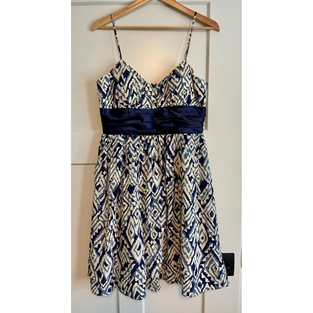 Eliza J IKAT summer wedding party dress - blue/ivory 100% silk -size 12 A line